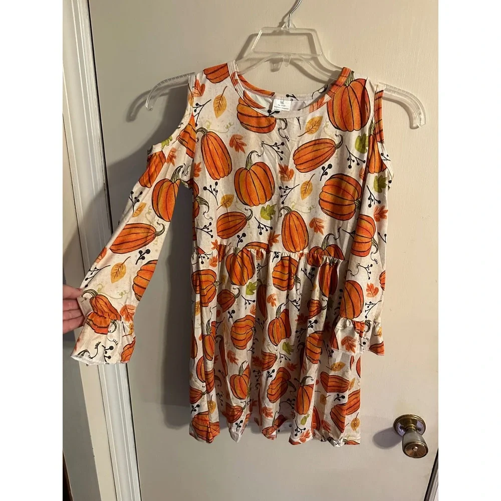 Girls Pumpkin Fall Cold Shoulder Dress Orange White Ruffle Sleeve Age 10-12T 5XL